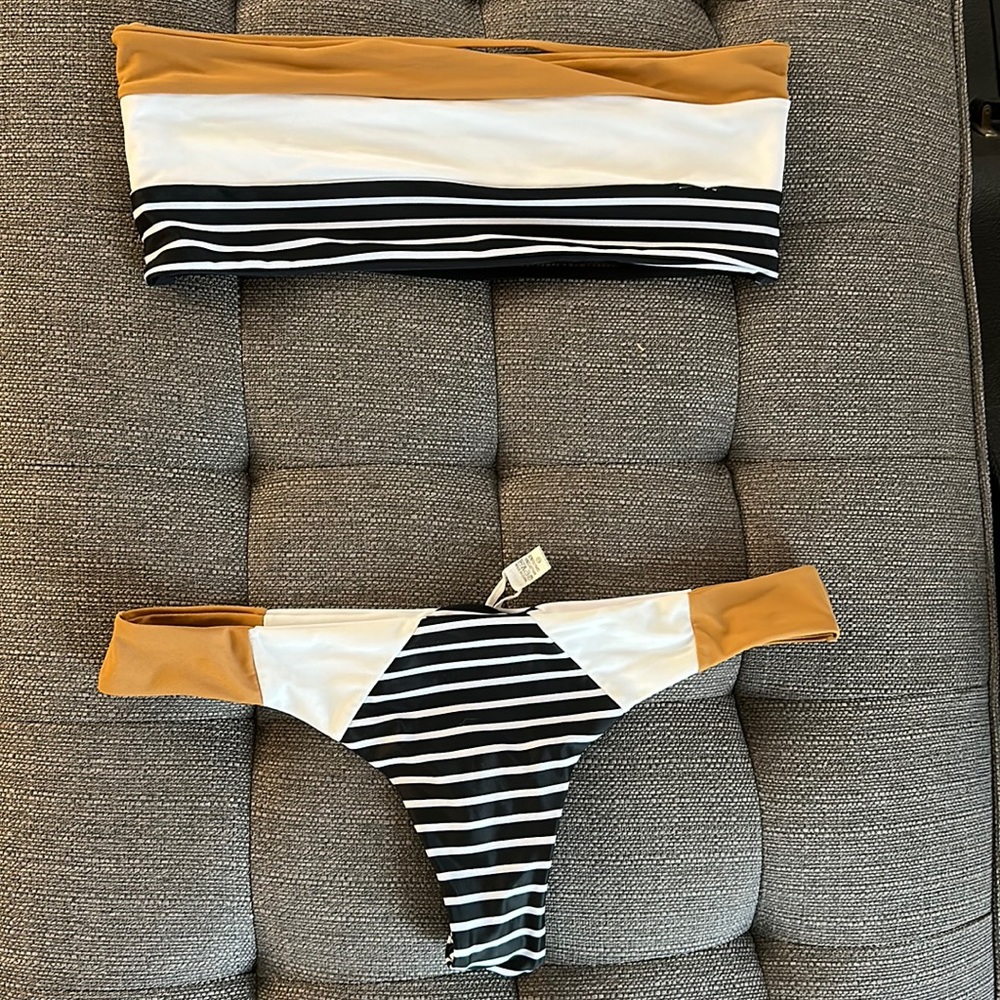 Striped Black and White Bikini with Tan Accents
